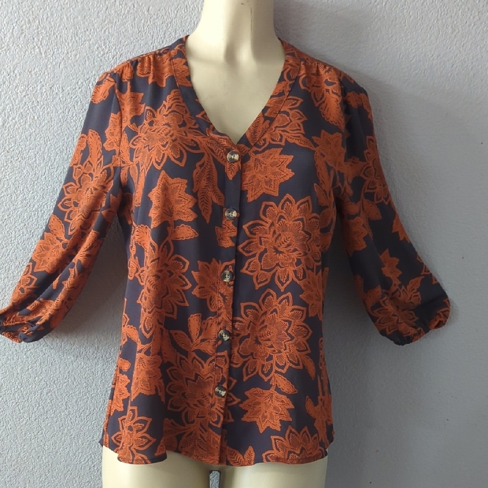 Maurices Blue and Orange 3/4 Sleeve Buttoned Blouse